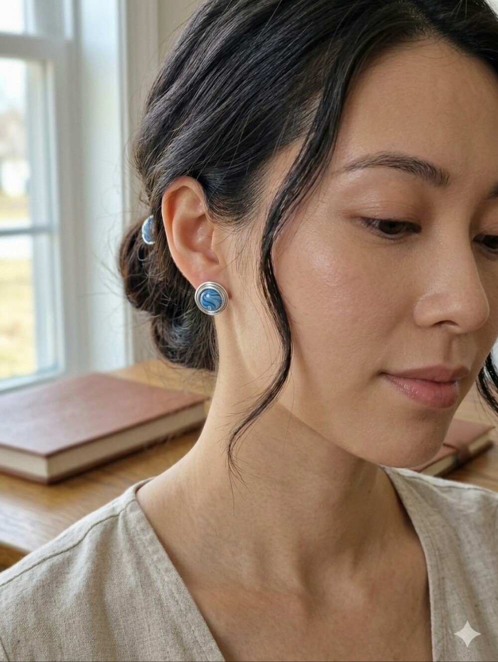 Handcrafted One Of A Kind Stud Wire Wrapped Blue And White Bead Earrings